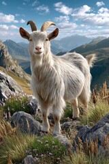Obraz premium A goat standing on a rocky hillside surrounded by patches of green grass and wild mountain flowers