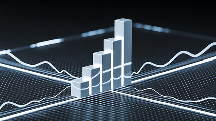 Ascending 3D Bar Graph Showing Business Growth and Financial Success on a Technological Background