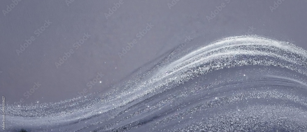 Poster abstract composition with flowing shapes and shimmering particles depicting motion and depth in a mi