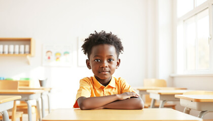 Fototapeta premium Young African Refugee Boy in Yellow T-Shirt Studying in European Classroom – Inclusive Education for Displaced Children, Sunny School Interior with Blurred Children’s Drawings