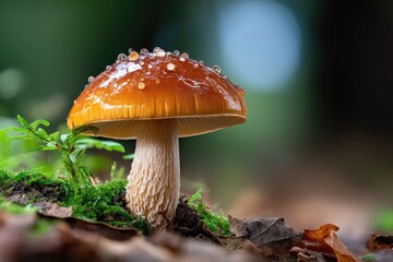 A close-up of a single mushroom growing on a damp forest floor