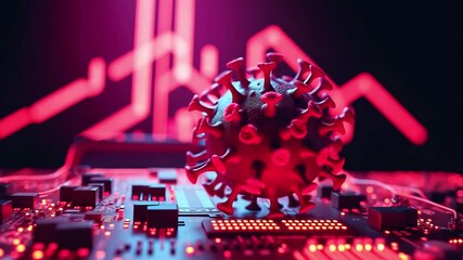 Abstract representation of a virus on a circuit board, illuminated by vibrant red neon lights - Powered by Adobe