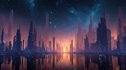 Obraz premium Futuristic Cityscape at Night: A Breathtaking View of a Metropolis Reflected in a Calm Lake Under a Starry Sky