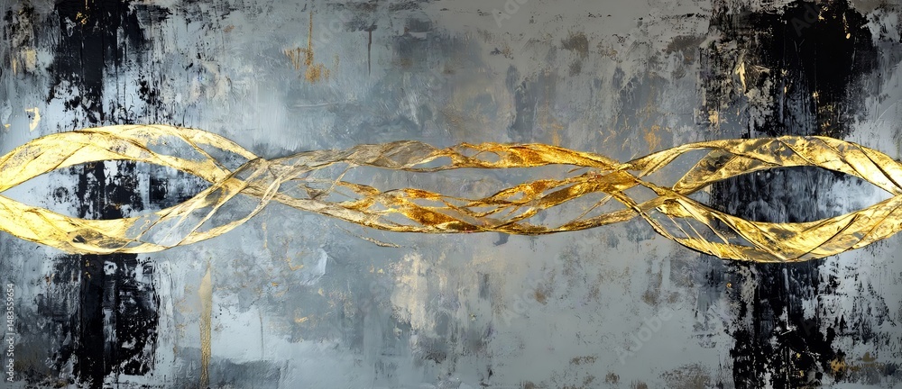 Poster abstract swirling pattern with golden highlights on textured gray background creating a dynamic visu