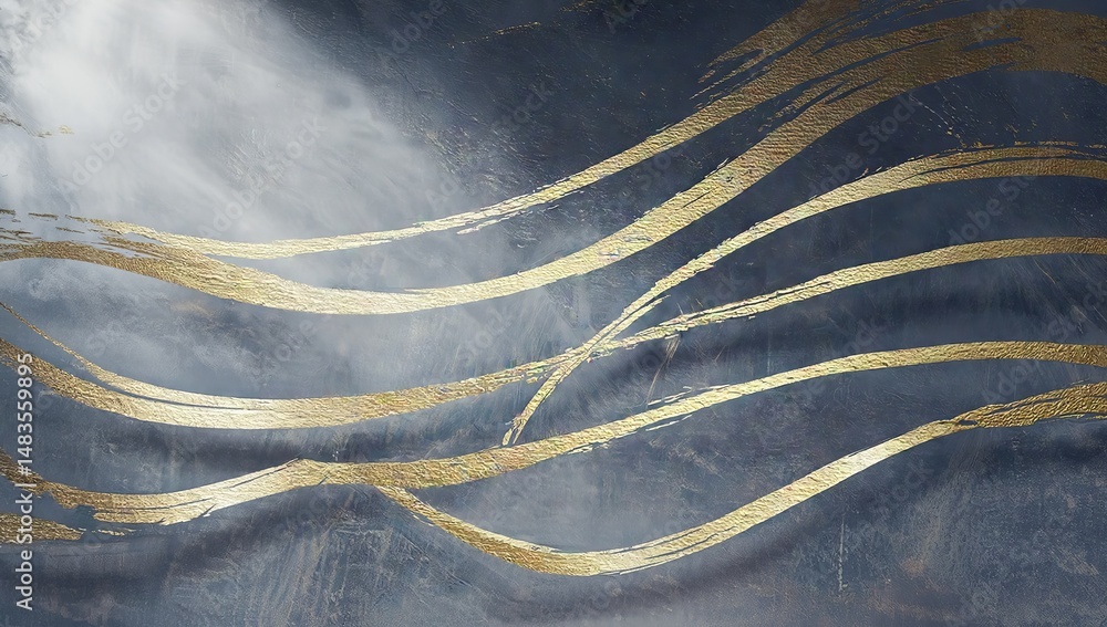 Poster abstract blue and gold artwork featuring flowing waves and textured background enhancing visual dept