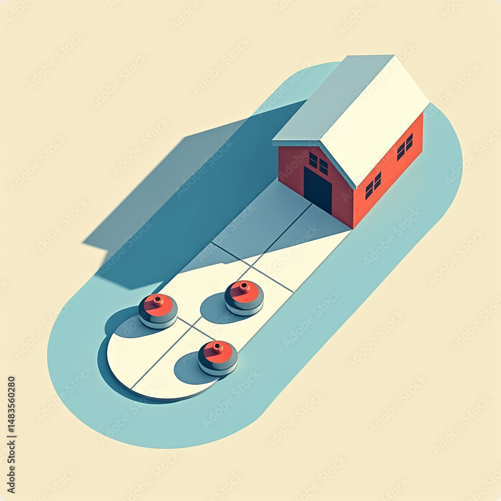 Poster abstract red house with three round objects on a light background