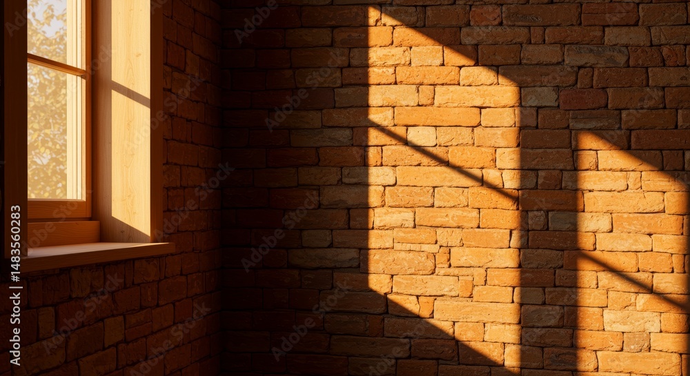 Aufkleber sunlight streams through a window onto a brick wall creating sharp shadows