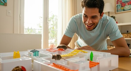 Man joyfully playing with a maze toy featuring mice in a bright room