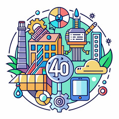 Fototapeta premium Industrial 4.0 concept illustration. A colorful graphic depicting various industrial elements, representing the interconnected systems of the fourth industrial revolution