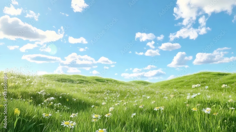 Aufkleber 晴れた日に緑の草と白い雲が広がる穏やかな風景 爽やかな背景 壁紙に最適