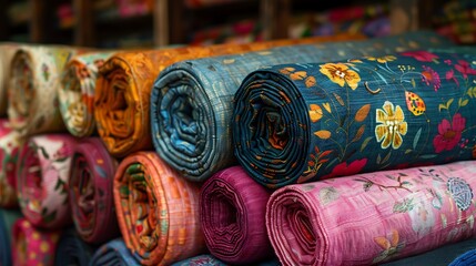 Fototapeta premium Vibrant Rolled Fabrics Display Colorful Floral Prints and Textures at Textile Market