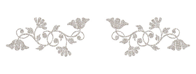 Symmetrical glitter floral ornaments isolated on transparent background