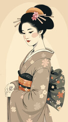 Traditional Japanese sumi-e ink painting of a geisha in minimalist kimono with floral hairpins, rendered in Zen-inspired nihonga portrait style (2)