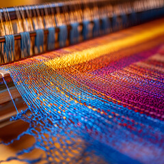 Indian artisan weaving colorful handloom fabric on a traditional wooden loom, vibrant threads in motion, ultra HD high-resolution detail of hands and textures, earthy tones and natural lighting, cultu
