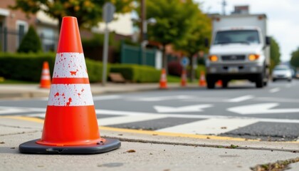 Traffic Safety Drill Demonstration Urban Street Image of Cones Daylight Ground-Level View Public Awareness Campaign