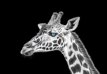 Naklejka premium Artistic black and white profile portrait of a giraffe with a vivid blue eye, set against a solid black background