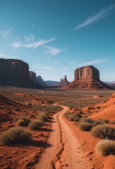 Majestic Red Rock Landscape, Mesas Rise Proudly, A Winding Dirt Road Disappears Into The Distance. Scenic Views Showcase Raw Beauty. Travel Destinations Beckon Explorers. Nature's Artistry Inspires
