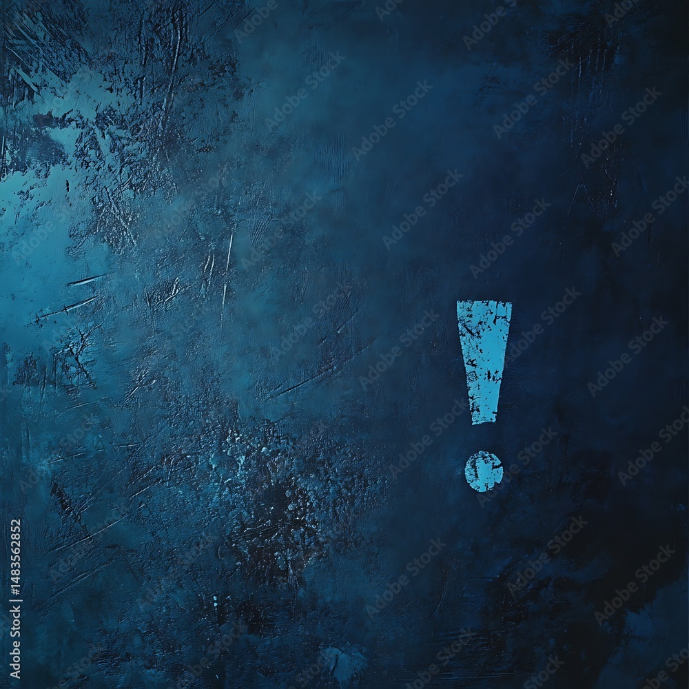 Poster deep indigo texture with teal exclamation point, abstract alert symbol on rough surface, visual comm