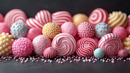 Obraz premium Close-up of assorted pink and white candies with sprinkles on dark background. Use for confectionery, desserts, party decoration, or sweet treats designs.