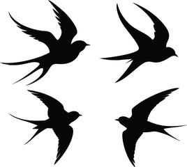 Swallow Bird Silhouettes. Flying Black Swallow Tattoo Vector Collection