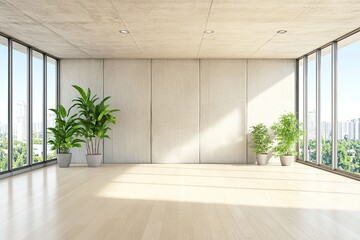 Modern, bright, minimalist interior with city views