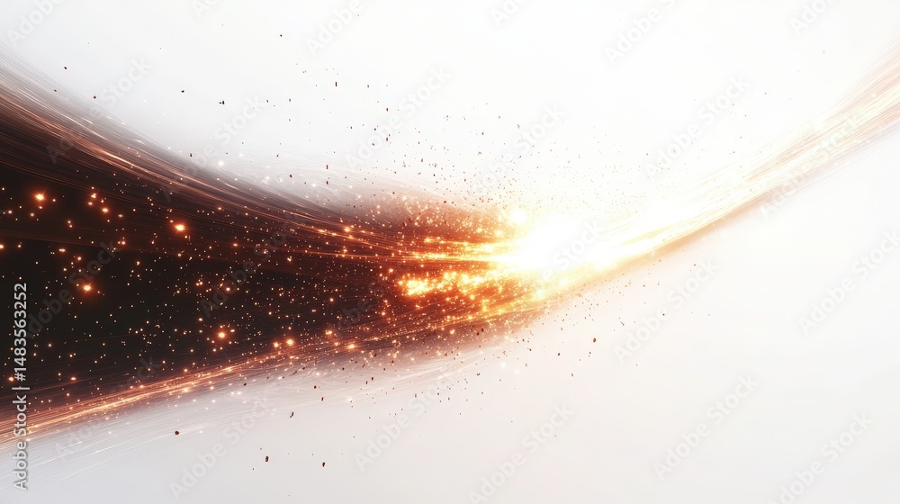 Poster dynamic abstract design with glowing streaks and particles.