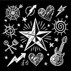 Vintage Music Icons Compilation, nostalgic mix of vintage music icons, including boomboxes, skulls, and star motifs