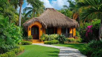 Fototapeta premium Thatched-roof hut in lush greenery