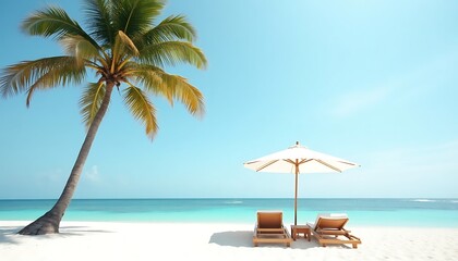 Obraz premium Serene Tropical Beach Scene Palm Tree, Beach Chairs, and Umbrella