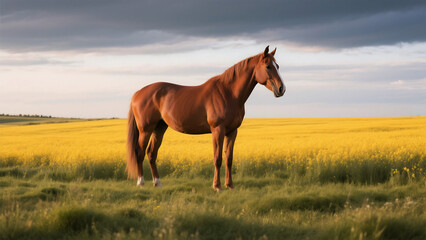 Obraz premium Majestic Horse in a Vibrant Yellow Field.