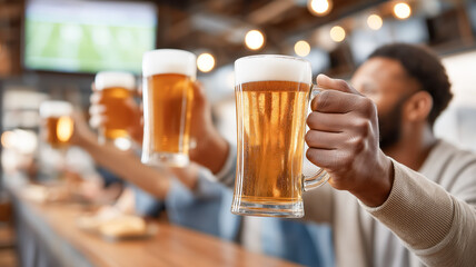 Group of people raising beer mugs in celebration of a sports event at a pub. Fan zone atmosphere, live tournament streaming, emotions, team spirit and excitement.
