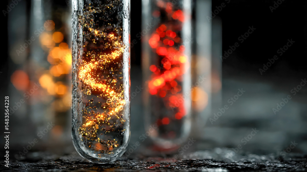 Poster detailed view of illuminated dna strands glowing in various colors within misted test tubes in a moo