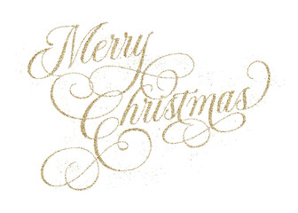 ‘Merry Christmas’ written in elegant golden glitter script font isolated on transparent background