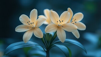 Fototapeta premium Macro shot of lovely pale yellow flowers with blue tinted foliage. Perfect for nature, flower, or spring-themed content and backgrounds.