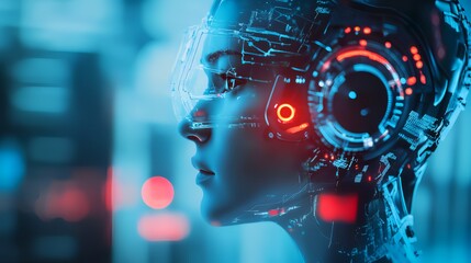 A futuristic robotic woman with a cyborg enhancements against a neon backdrop