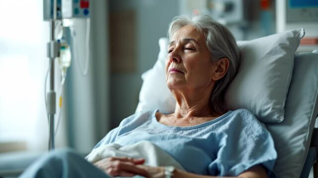 Cancer patient receiving chemotherapy treatment in hospital chair, medical care support setting