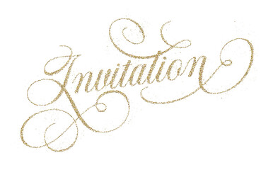 ‘Invitation’ written in elegant golden glitter script font isolated on transparent background