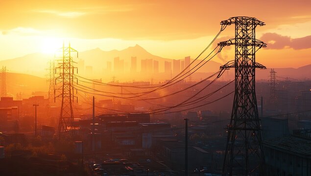 Power lines crisscross an urban landscape at sunset - Powered by Adobe