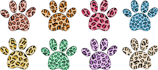 leopard print cat paw vector set – colorful animal footprint elements in trendy pop colors for fashion, kids design, stickers, sublimation and textile © pani_Nadichka