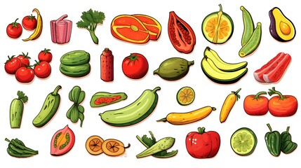 Summer Food Collection Cartoons Vector Illustration for Culinary Blog and Menu Design