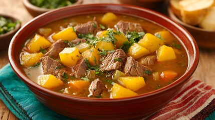 Argentinian Puchero Stew in Ceramic Bowl with Beef and Vegetables &ndash; Rustic Food Photography