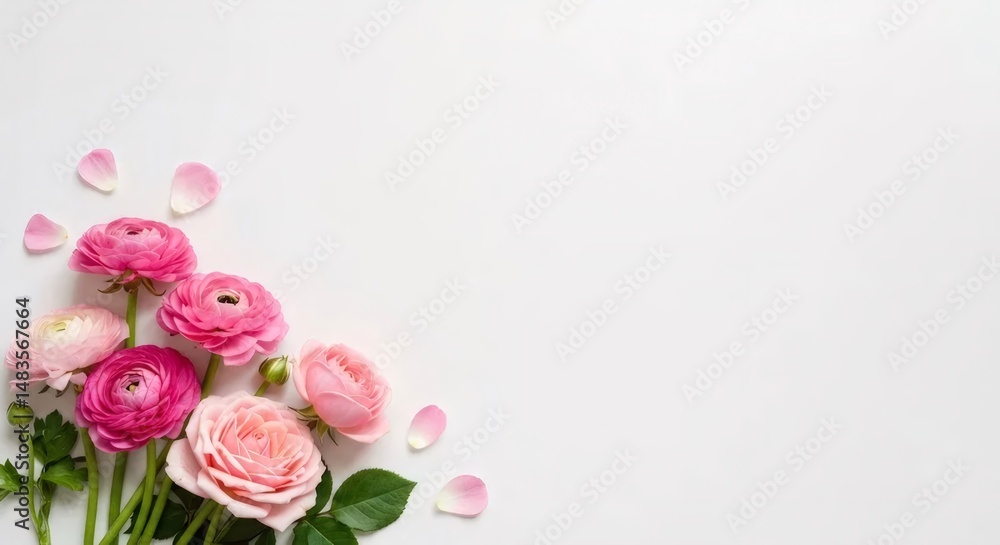 Aufkleber 白背景にピンクのバラとラナンキュラスの花束の静止画 フラットレイ配置 エレガントなデザイン 招待状やカードに最適