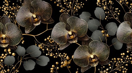 Dark, opulent floral pattern featuring black orchids, gold accents, and grey eucalyptus leaves