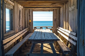 Wooden benches and tables in front of the wall, with sunlight shining on them