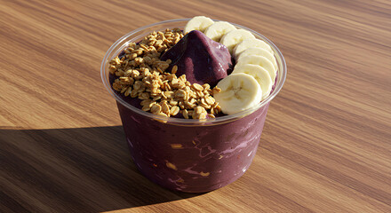  Copo de açaí cremoso com rodelas de banana e granola crocante sobre mesa de madeira clara.