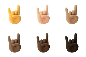 Sign of the Horns emoji in various skin tones isolated on transparent background