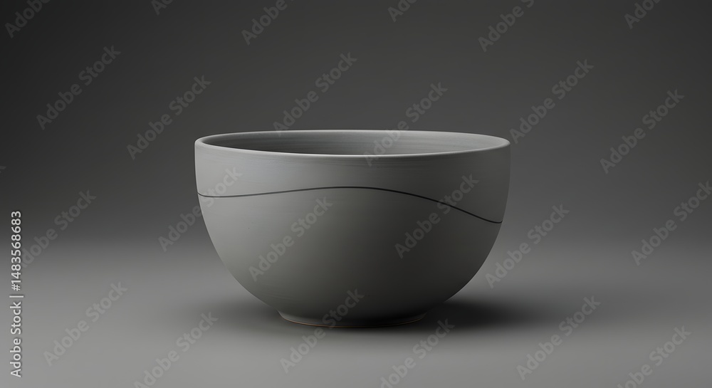 Poster close up of a gray bowl with a dark line around it on a gray background in studio light