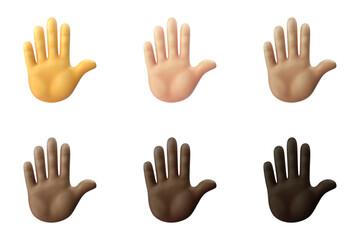 Raised Hand emoji in various skin tones isolated on transparent background