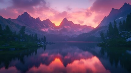 Majestic mountain lake reflecting a vibrant sunrise