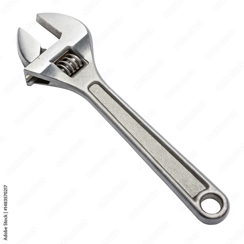 Poster chrome adjustable wrench resting on a transparent background, perfect for cutout projects and seamle